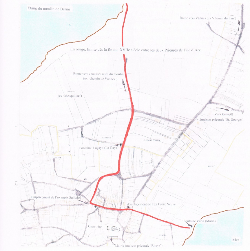 Plan parcellaire de l’Île-d’Arz : limite rouge entre les deux prieurés, depuis le secteur de l’étang du moulin de Berno jusqu’à la fontaine Varia, avec les repères de La Gaya, de la croix Salludo et de la Croix Neuve.