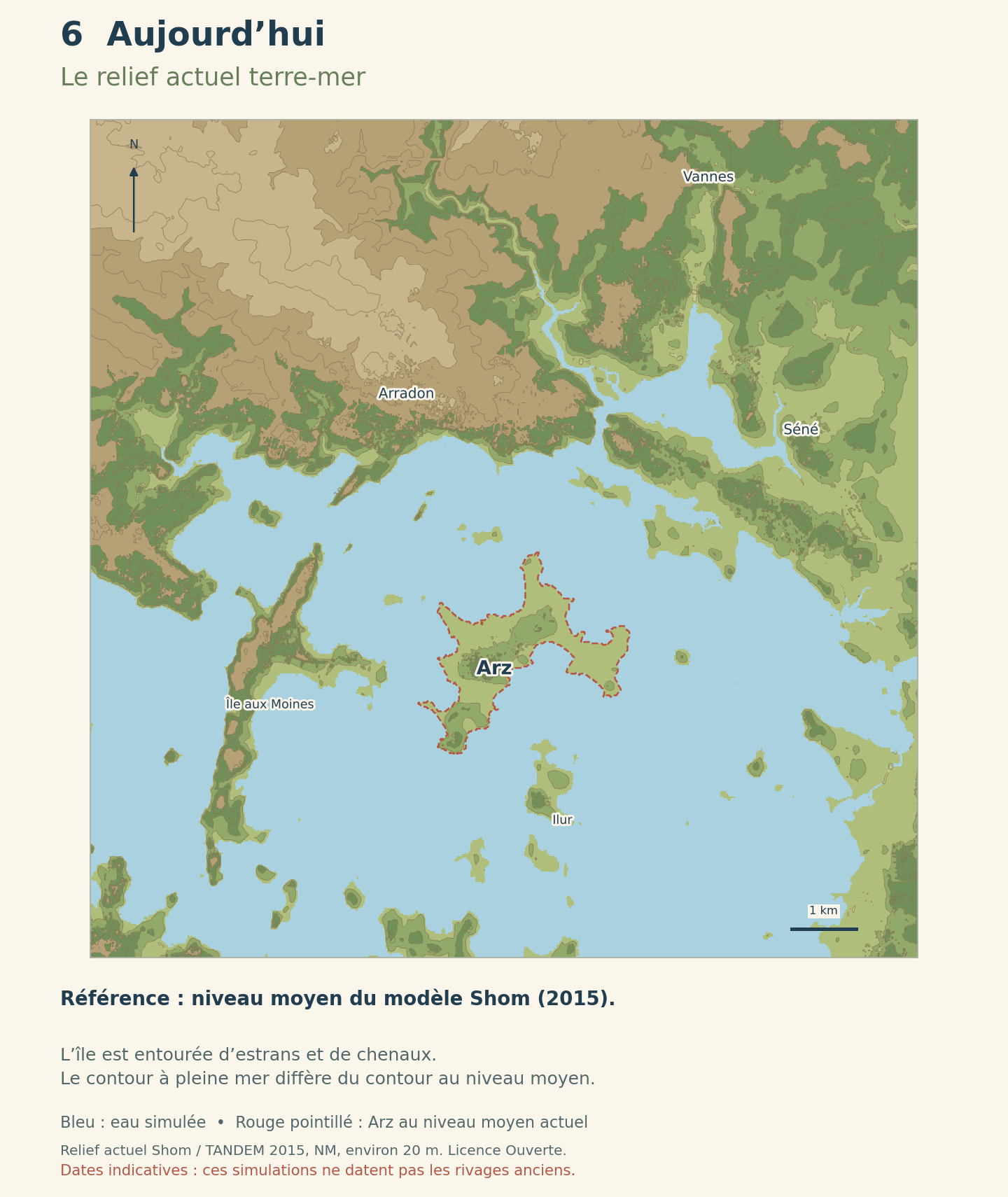 Relief actuel de l’île d’Arz et des fonds environnants au niveau moyen du modèle Shom